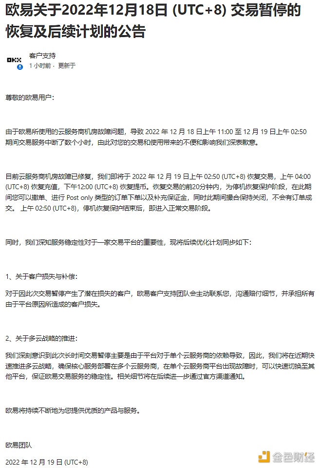 欧意OKX云服务商故障已恢复，将于19日2：50恢复交易-第1张图片-科灵网